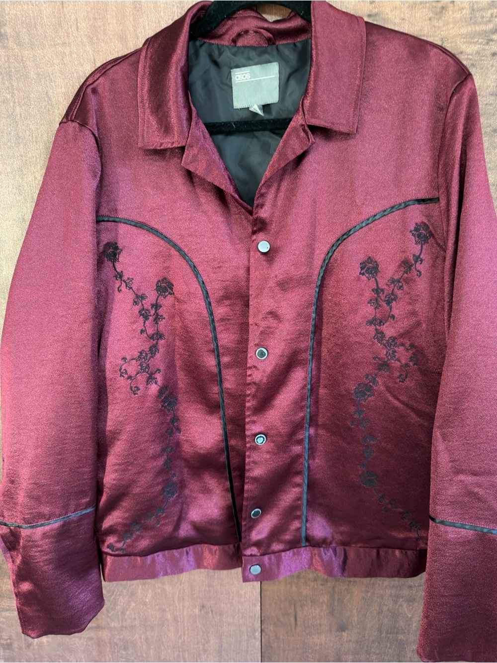 ASOS Satin Burgundy Bomber Jacket with Black Floral Embroidery